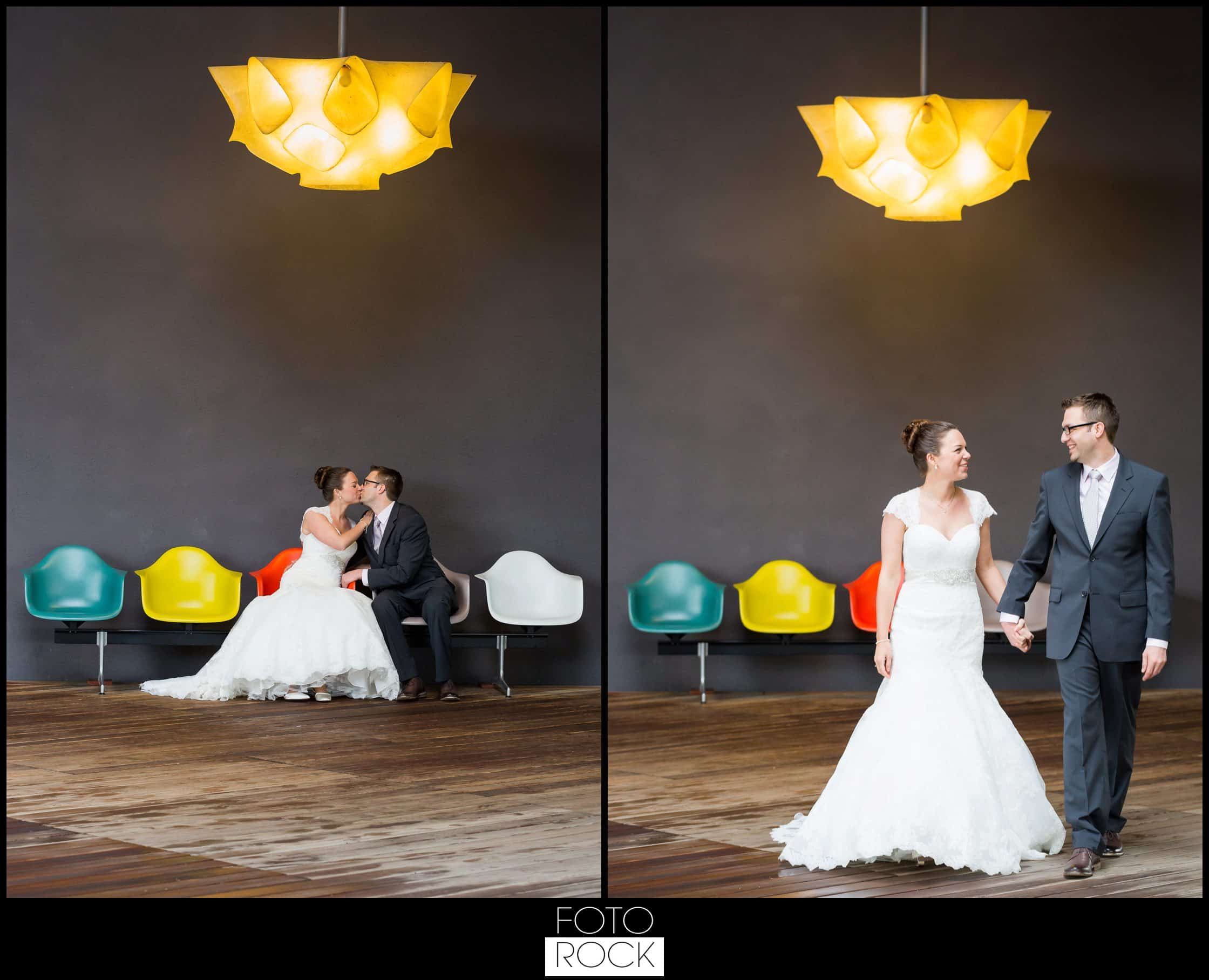 Hochzeit Vitra Design Museum Weil am Rhein Brautpaar Kuss Lampe Stühle Farben