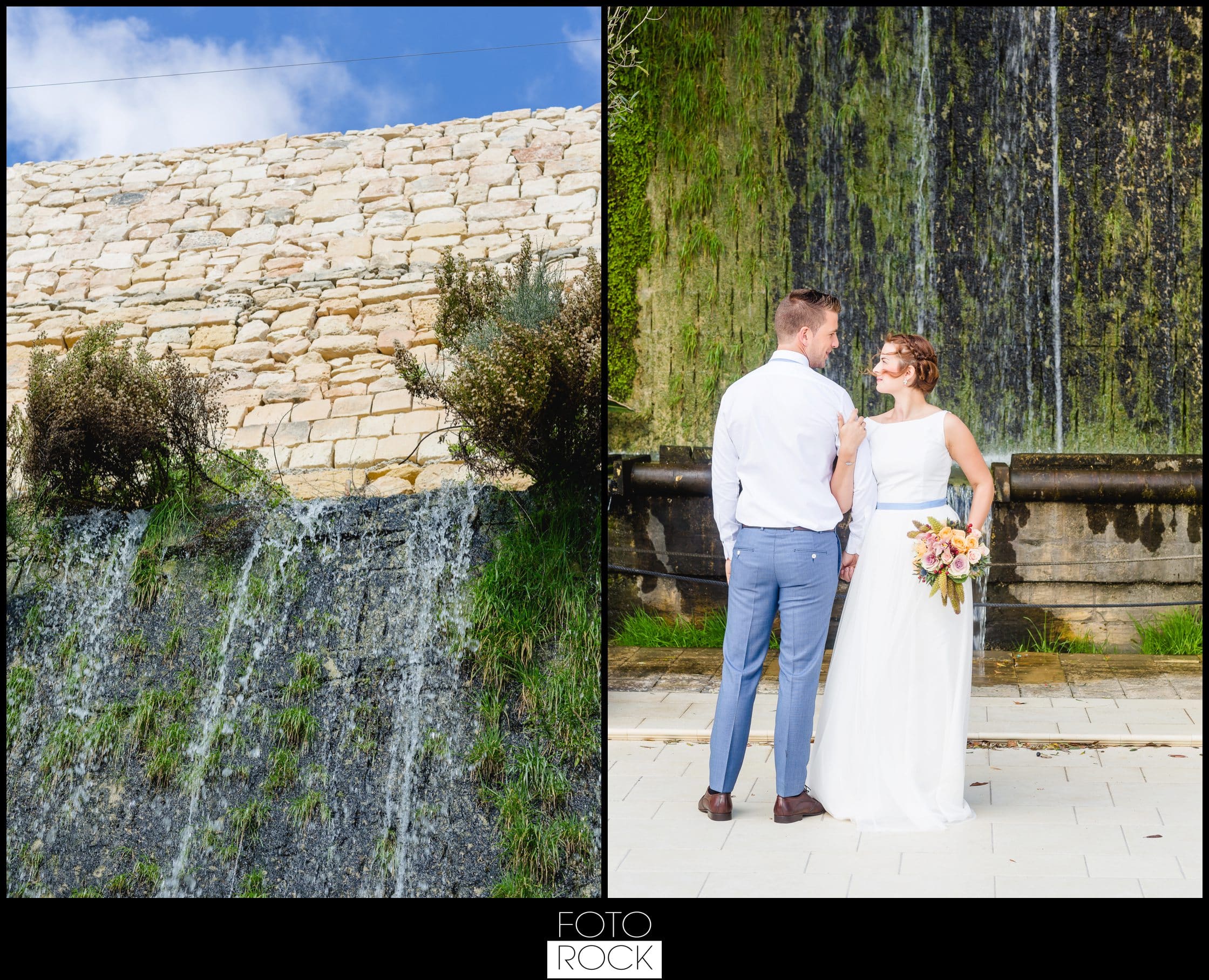 Hochzeit Malta Wasserfall Mauer Brautpaar Brautstrauss