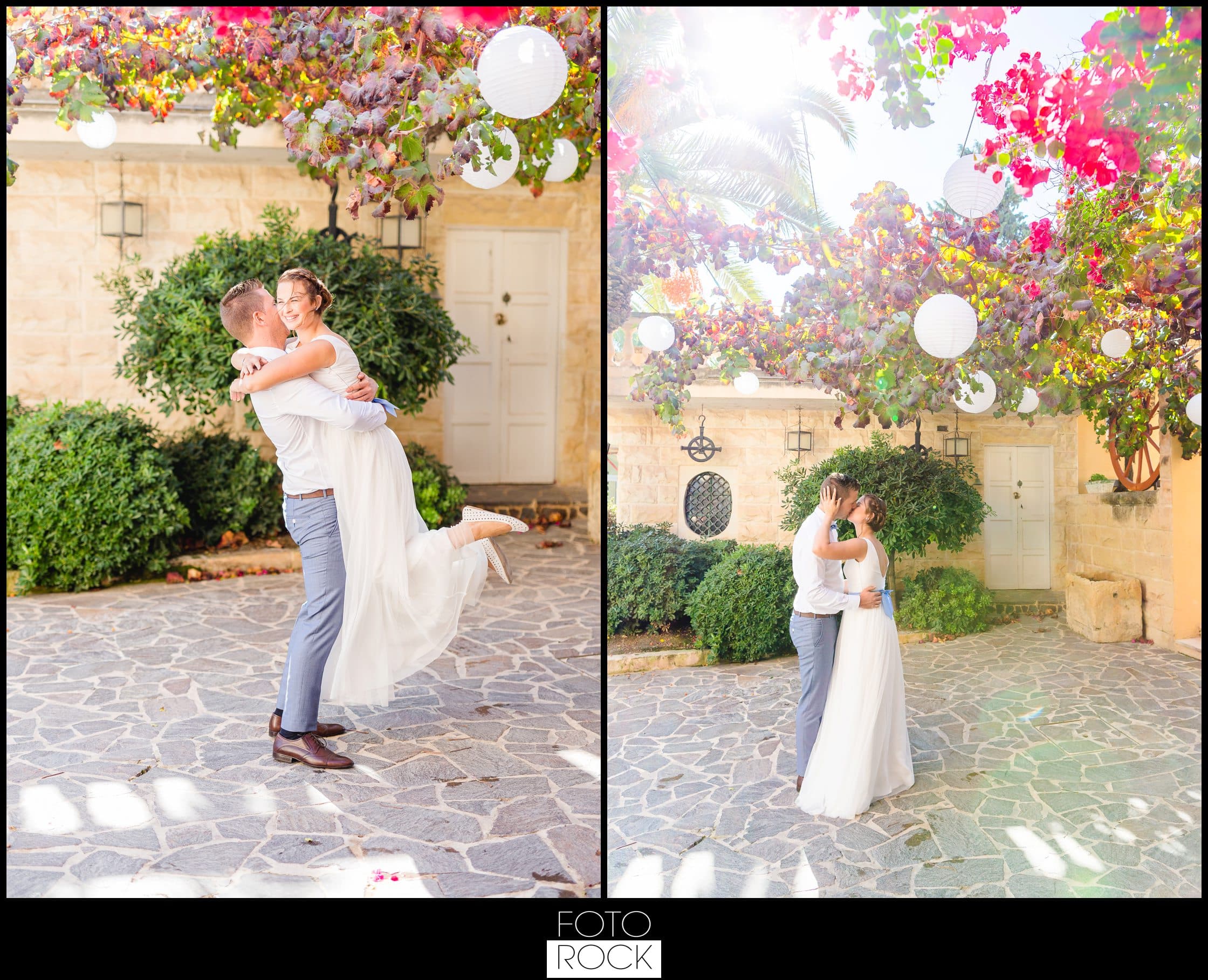 Hochzeit Malta Brautpaar Umarmung BLumen Sonnenschein Palmen