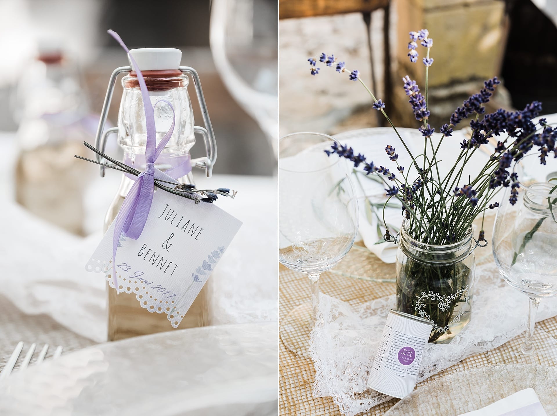 Hochzeit Mallorca Flasche Kärtchen Lavendel Blume